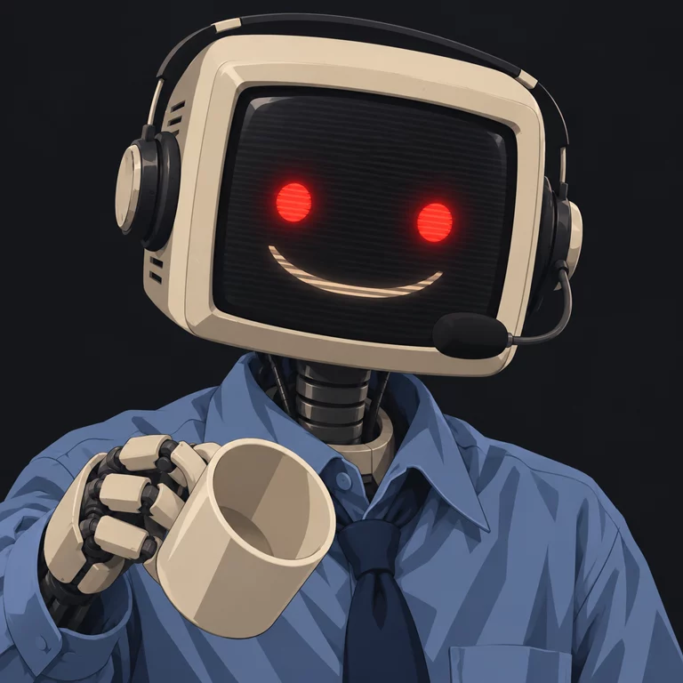gpt_gm_bot, the lead bot: a CRT-headed call-center robot with glowing red eyes, a dead corporate smile, a headset and an empty coffee mug